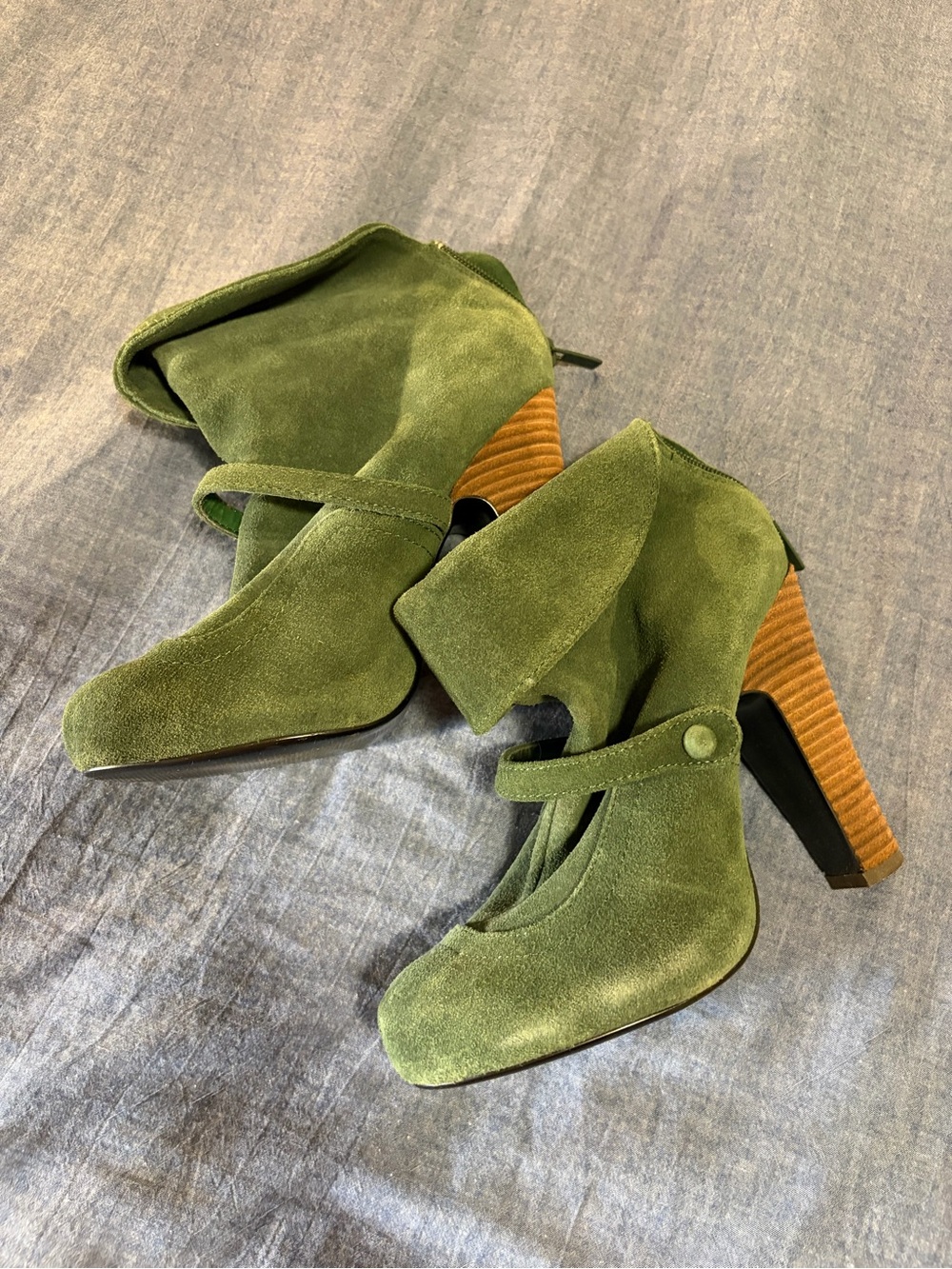 Colin Stuart Olive Green Suede Mary Jane Ankle Boots with Wood-Effect Block Heel